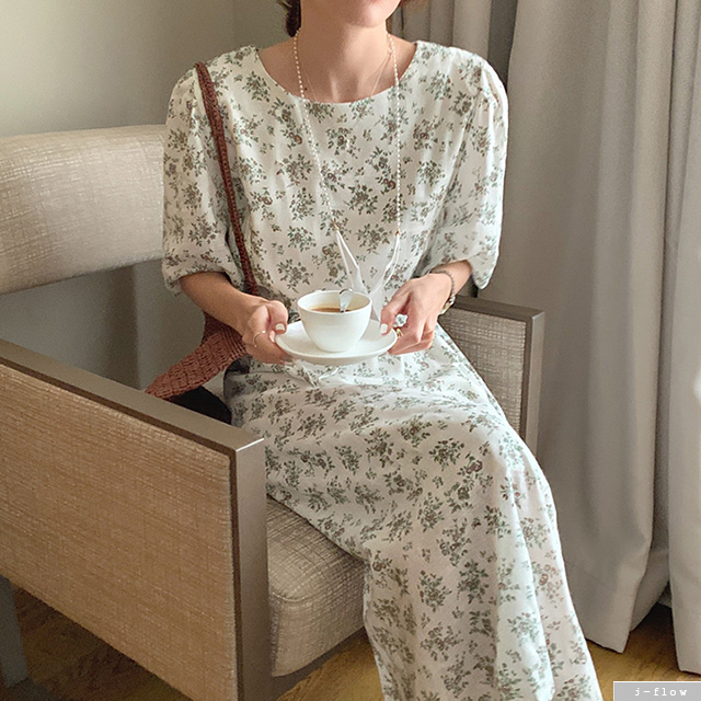 아이린 플라워 린넨 롱원피스 2color 제이플로우 여름 봄 퍼프 허리끈벨트 라운드넥 데일리 로맨틱 - 상세 이미지 3