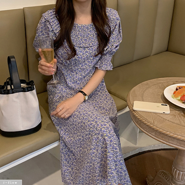 플로랄 플리츠 카라 밴딩 롱원피스 2color 제이플로우 여름 봄 플라워 프릴 쉬폰 퍼프 - 상세 이미지 5