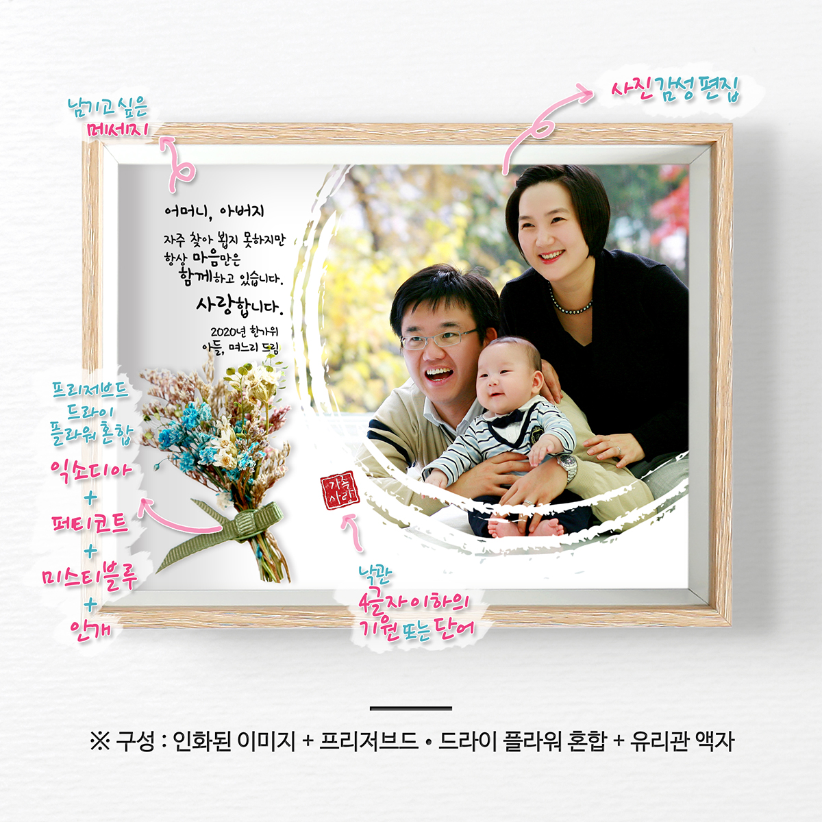 꽃다발 프리저브드플라워 액자 드라이플라워 캘리그라피액자 생일 생신선물 맞춤제작 - 상세 이미지 5