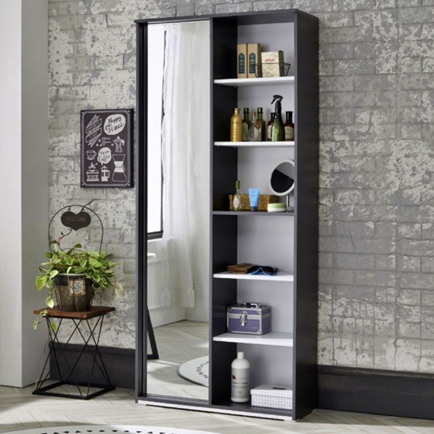 6단 전신 거울 수납장 800 안방수납장 거실 악세사리 가방 진열장 그레이 블랙 원목장 1800