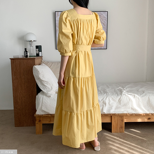 하몽 스퀘어넥 맥시 코튼 롱원피스 4color 퍼프 여름 캉캉 프릴 루즈핏 5부소매 벨트 이미지 6