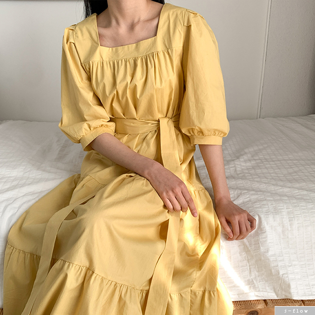 하몽 스퀘어넥 맥시 코튼 롱원피스 4color 퍼프 여름 캉캉 프릴 루즈핏 5부소매 벨트 이미지 8