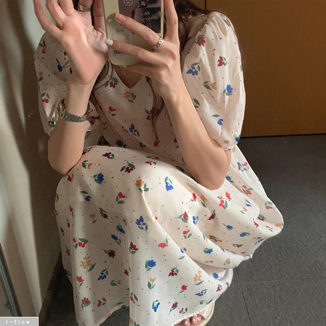 줄리안 플라워 퍼프 코튼 롱원피스 2color 제이플로우 여름 맥시 루즈핏 브이넥 아방 - 상세 이미지 2