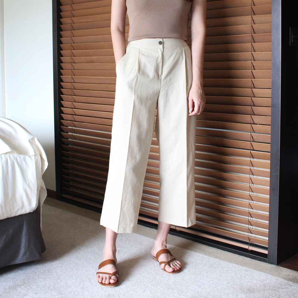 하이웨스트 밴딩 와이드팬츠 여성 린넨 배기팬츠 9부 와이드 슬랙스 썸머 바지 여자 통바지 - 상세 이미지 5