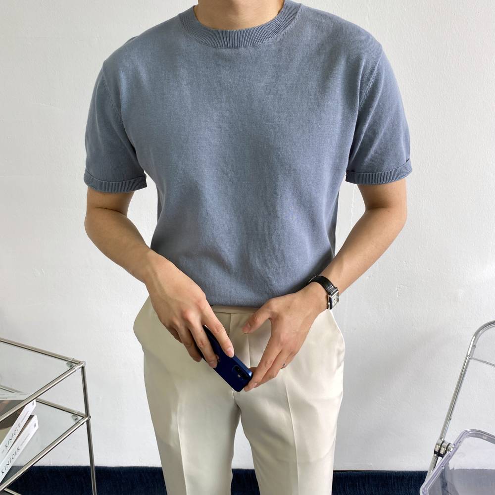 남자 머슬핏 여름 린넨 반팔니트 파란색 코발트블루 소라색 하늘색 올리브색 니트 이미지 2