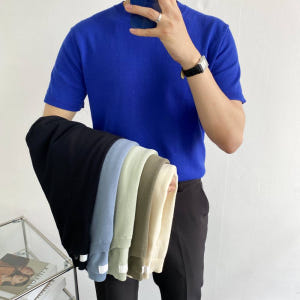 남자 머슬핏 여름 린넨 반팔니트 파란색 코발트블루 소라색 하늘색 올리브색... 착용 후기 | 사이즈/핏 총정리 - 상품 이미지 1