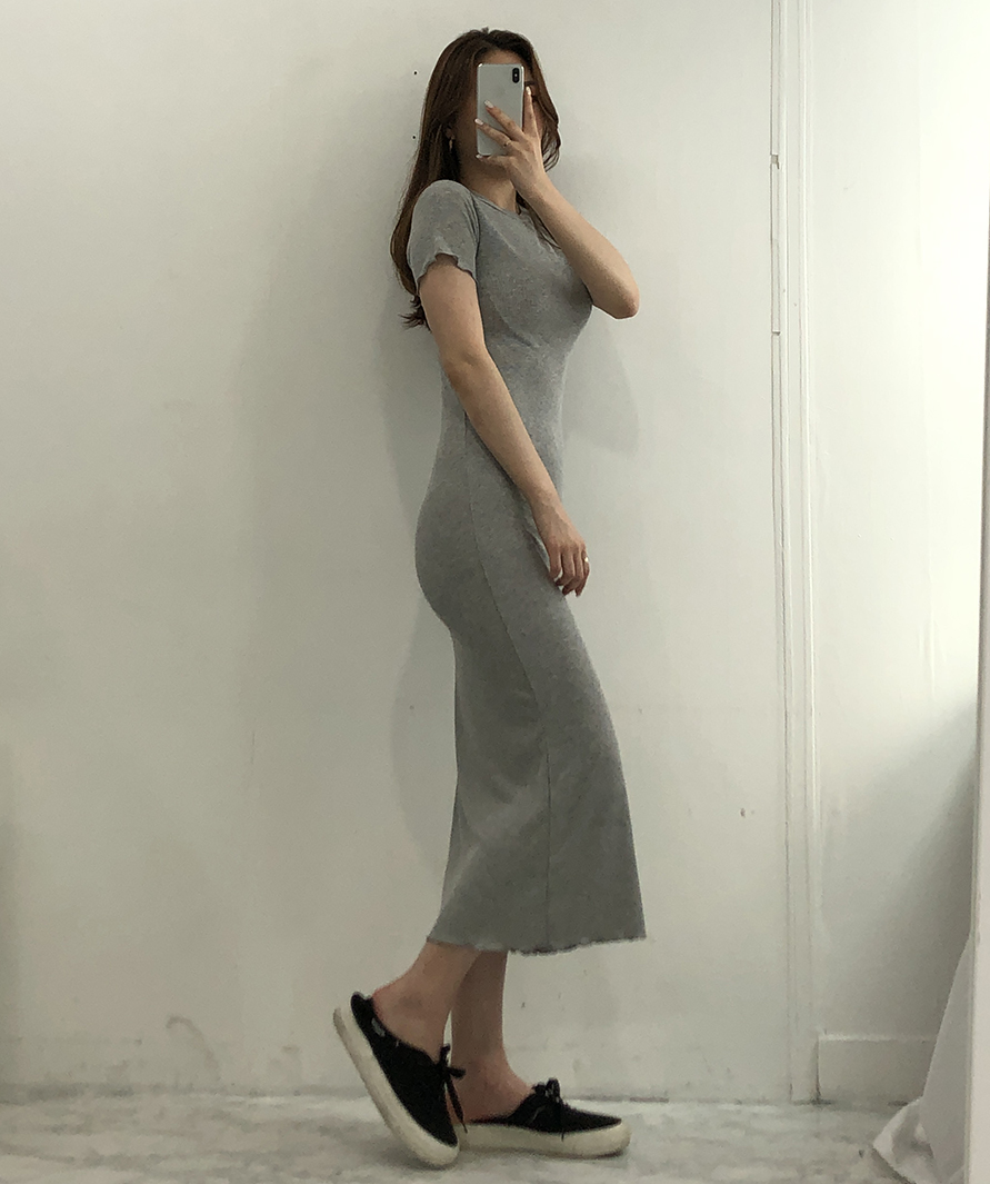 데일리 꾸안꾸 슬림 스판 골지 반팔 롱 원피스 - 상세 이미지 2
