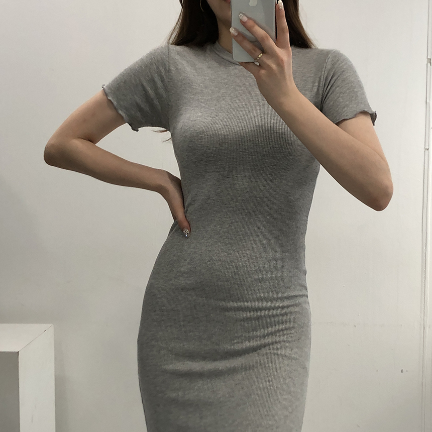 데일리 꾸안꾸 슬림 스판 골지 반팔 롱 원피스 - 상세 이미지 4