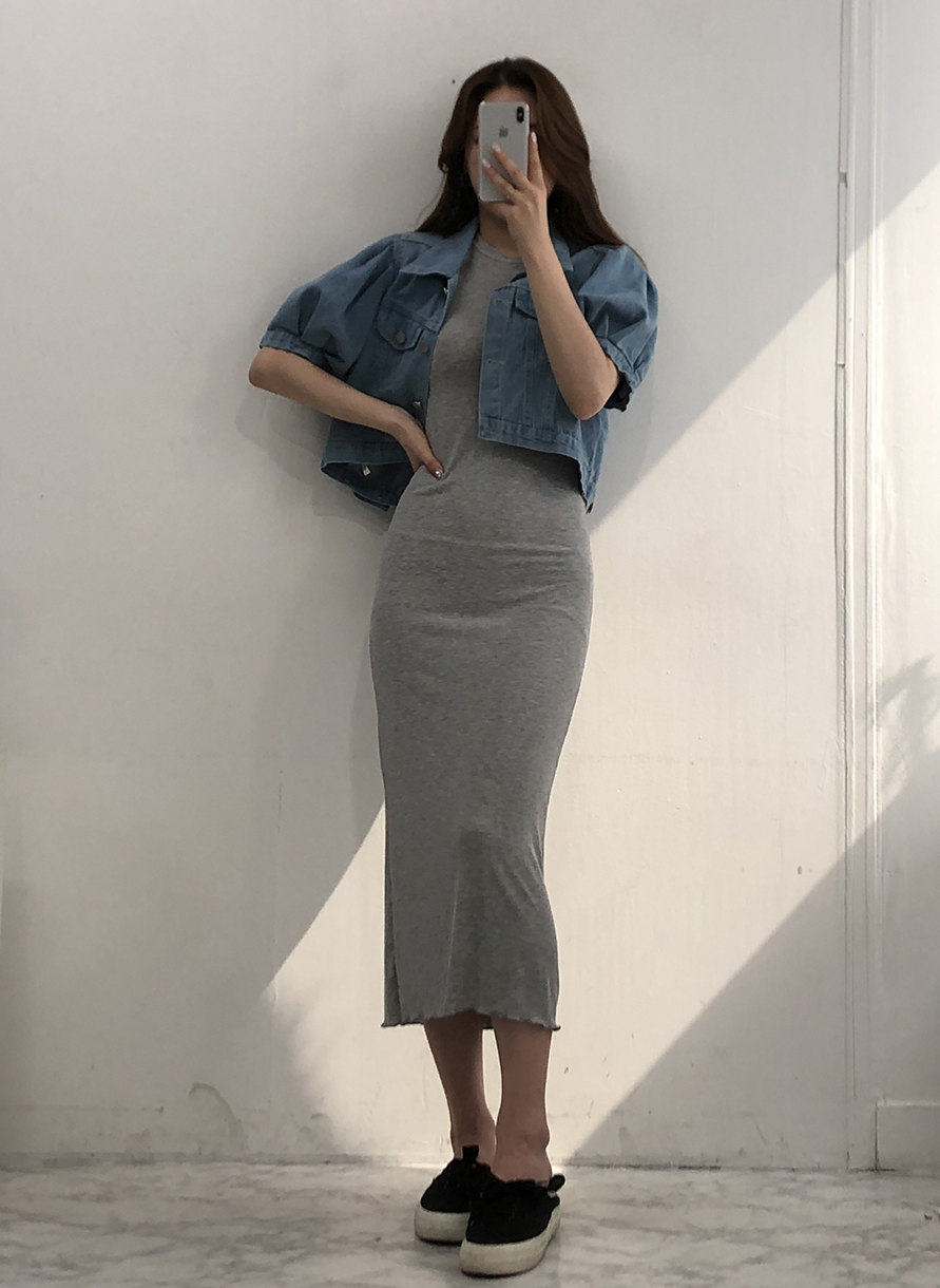 데일리 꾸안꾸 슬림 스판 골지 반팔 롱 원피스 - 상세 이미지 3