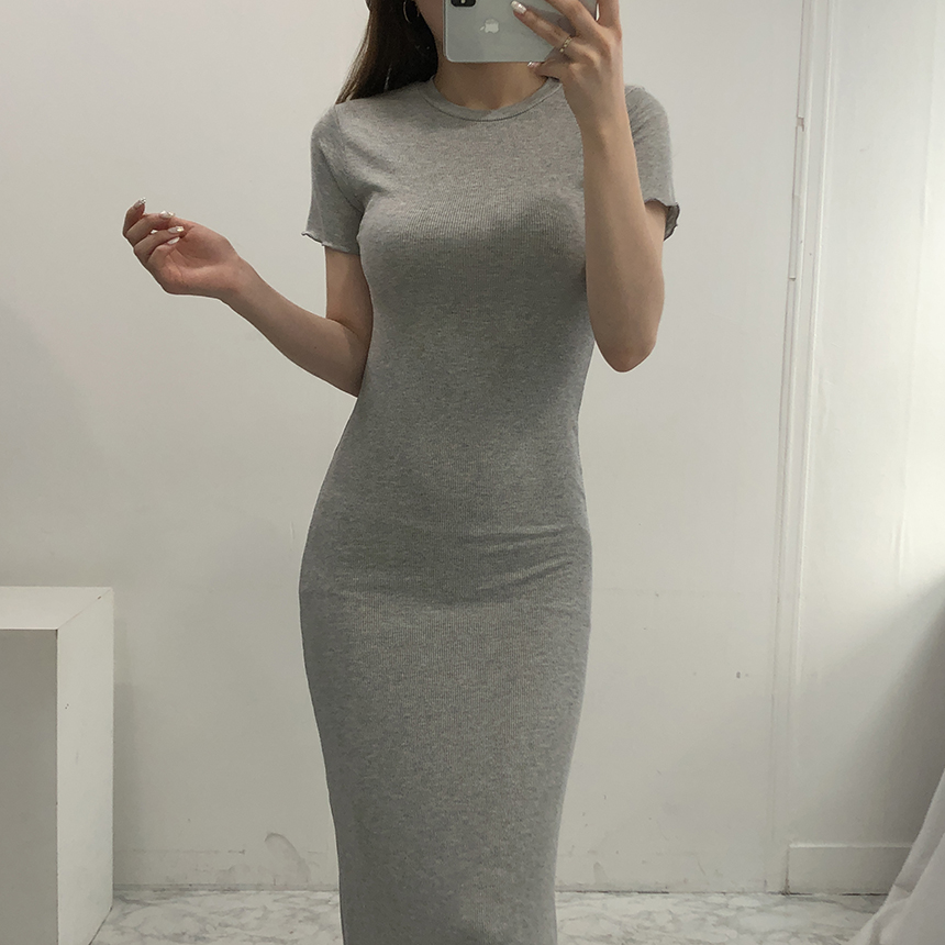 데일리 꾸안꾸 슬림 스판 골지 반팔 롱 원피스 - 상품 이미지