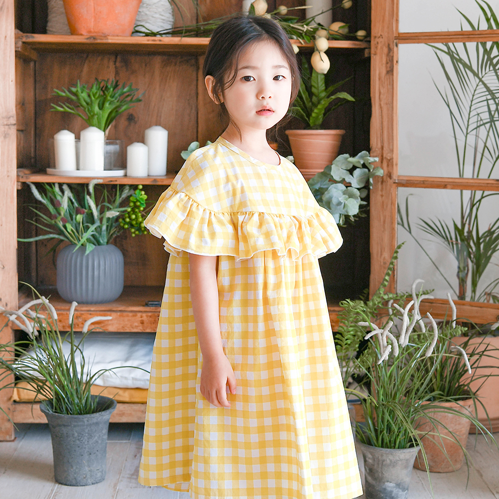 아모레 체크 원피스 프릴 반팔 옐로우 민트 아이보리 여아 아동 베이직 기본 보통핏