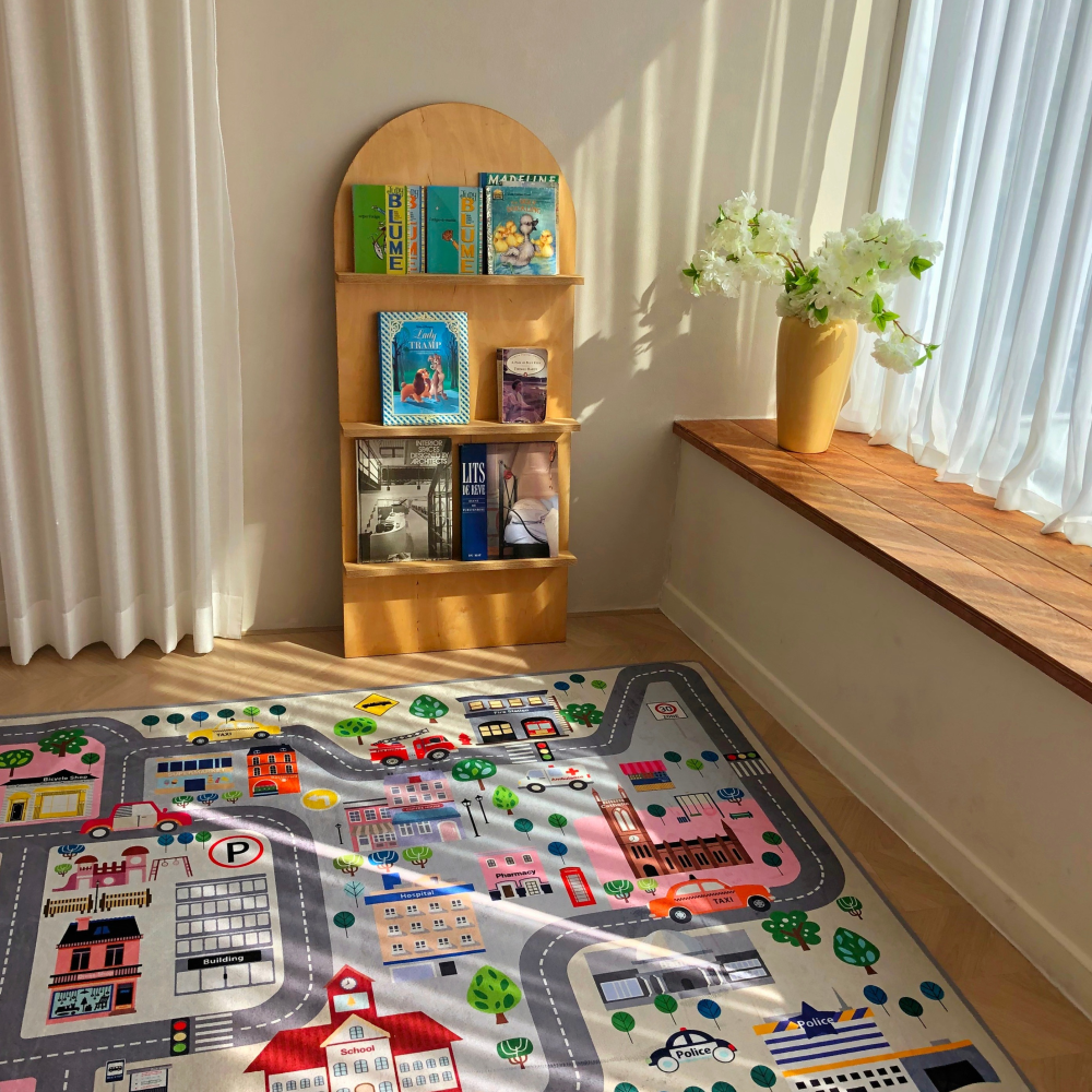 키즈러그 유아 우리동네여행 어린이 놀이 보온 자동차 도로매트 먼지없는 워셔블 우리마을러그
