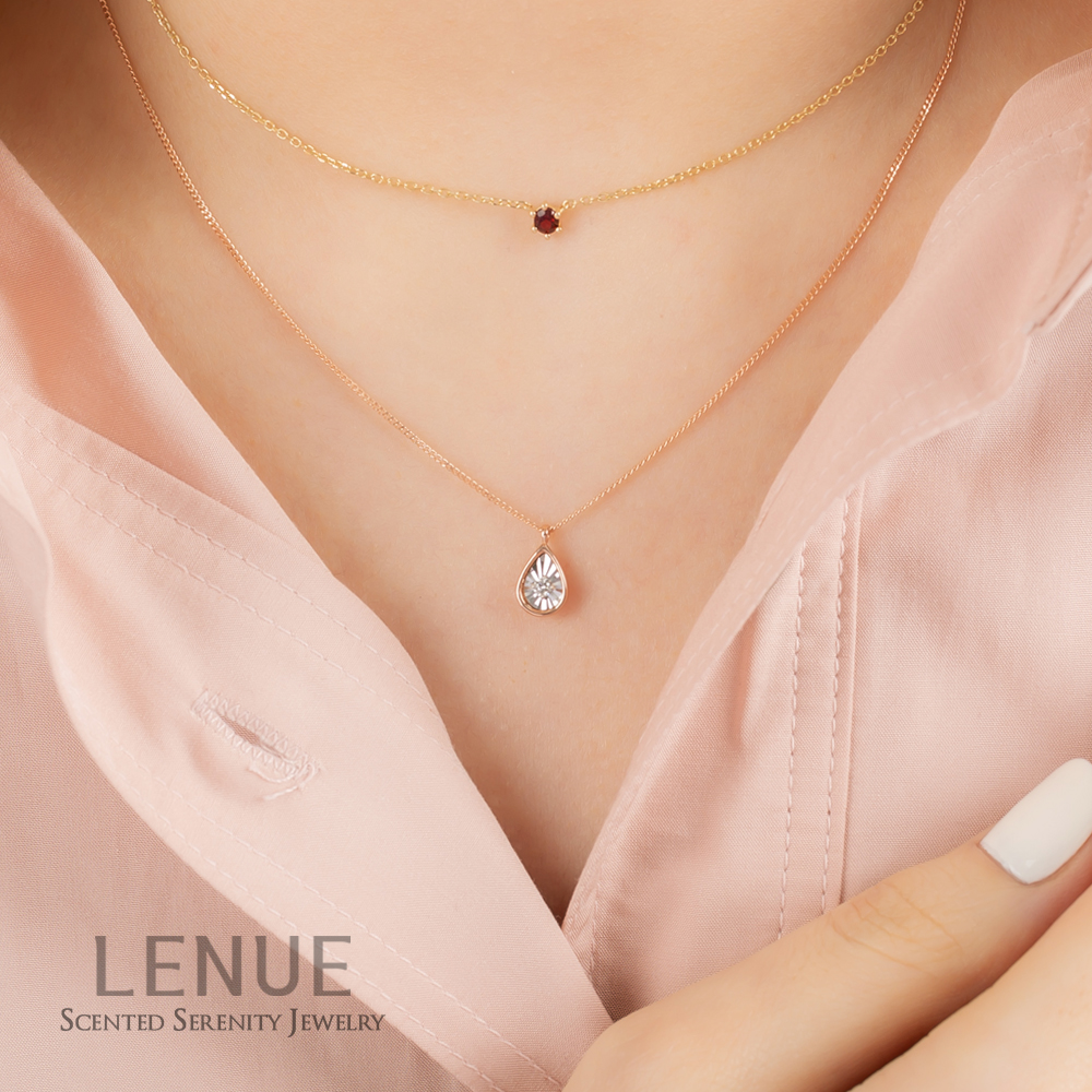 [레뉴] 일루젼 다이아몬드 물방울 롱 목걸이 / 14K 골드 양면 볼록 4링 0.04ct - 상세 이미지 3