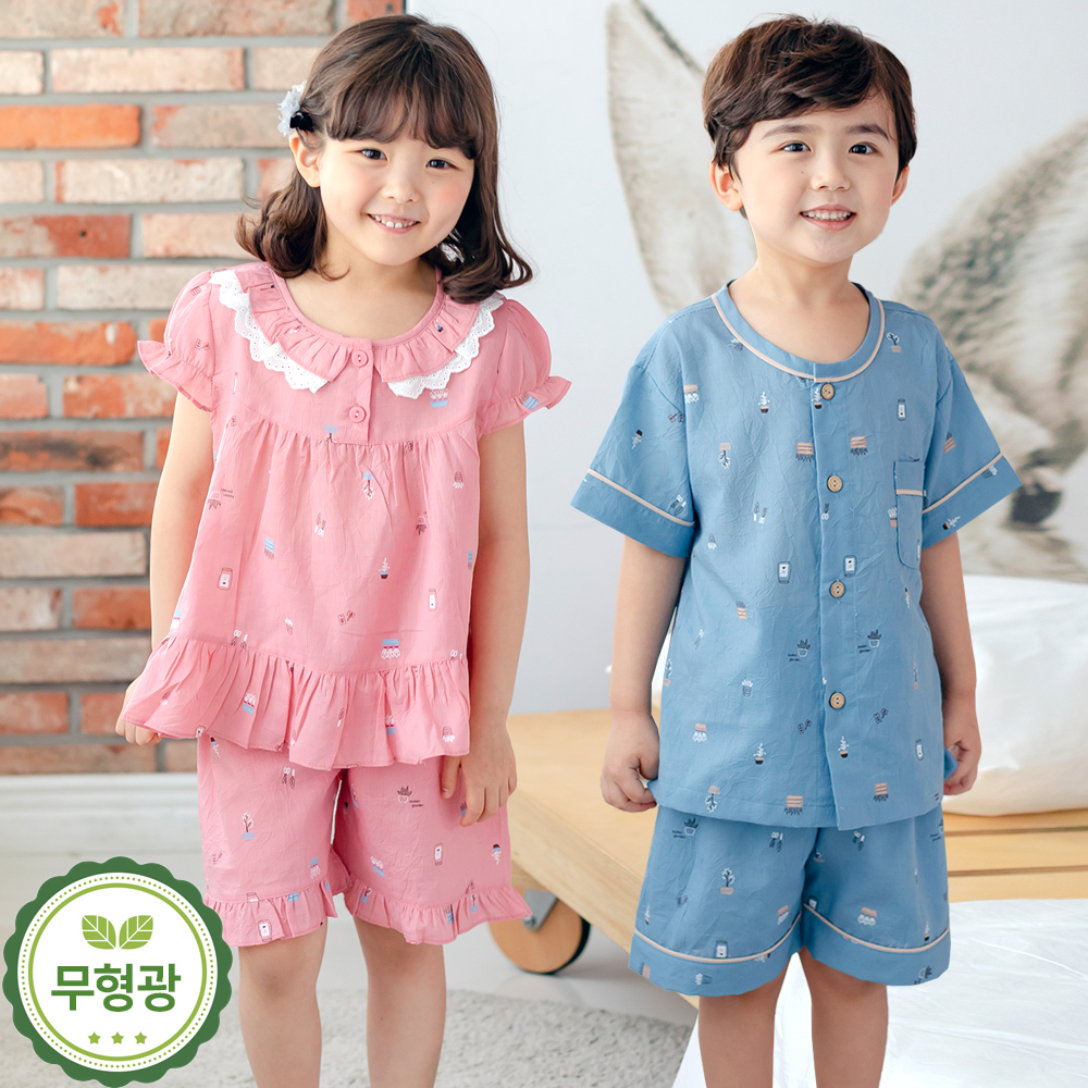 여아 남아 면 잠옷 유아 아동 어린이 여름 파자마 /화분(TC주름면) - 메인 이미지
