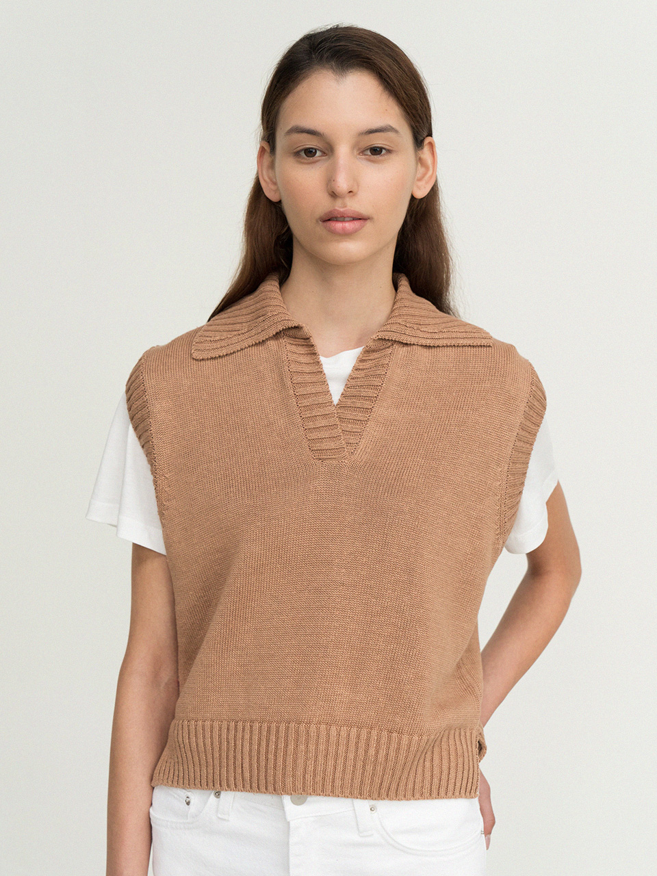 linen collar knit vest (camel) - 메인 이미지