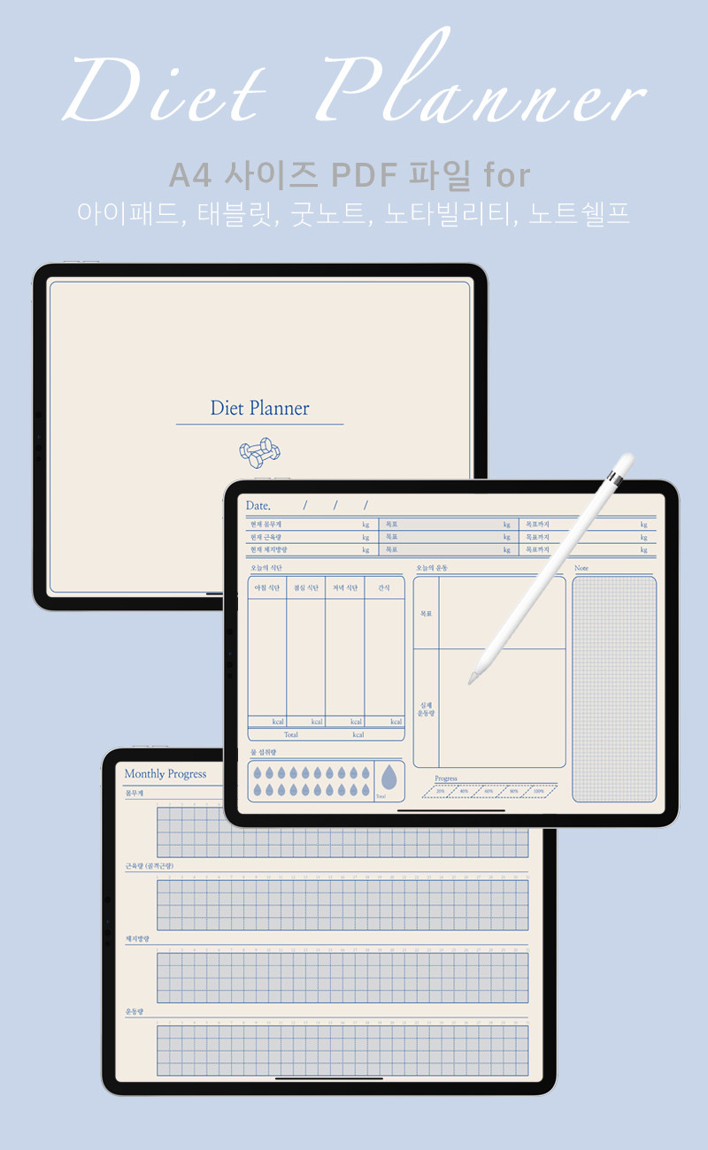 다이어트 플래너 Diet Planner Pdf 서식 피트니스 운동 계획표 디지털 파일 다이어리 아이패드 태블릿 갤노트 굿노트 노타빌리티  노트쉘프 속지