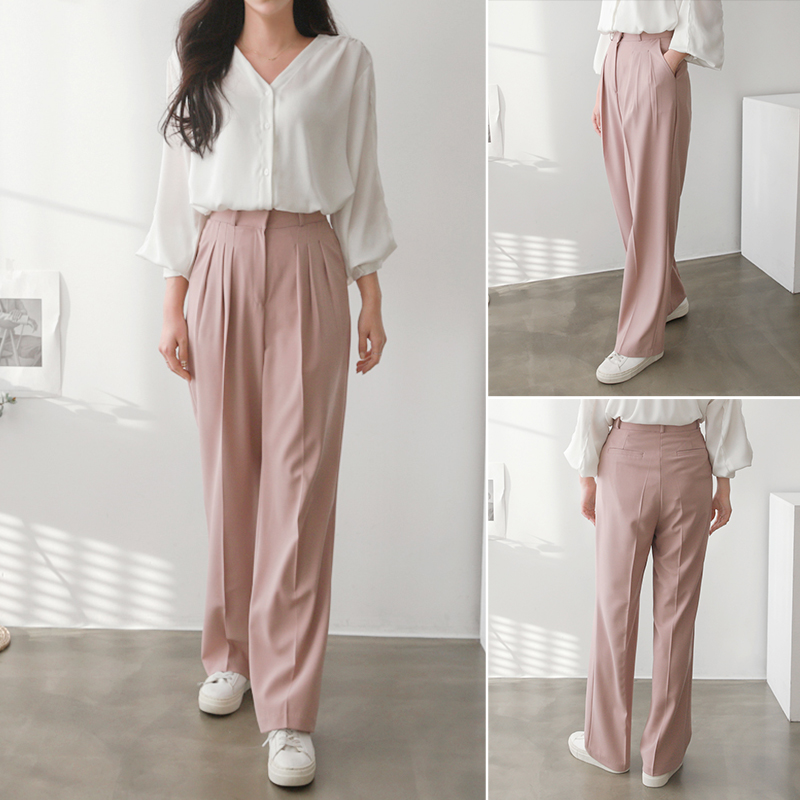 하이웨스트 쓰리턱 세미 여성와이드팬츠 핀턱 와이드슬랙스 여자 슬랙스 통바지 핑크바지