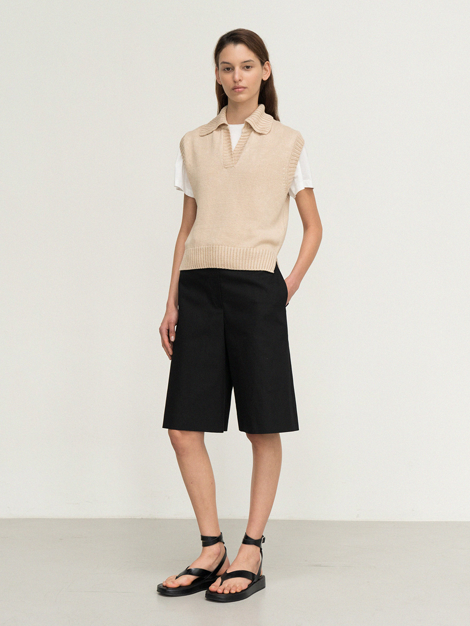 linen collar knit vest (beige) - 상품 이미지