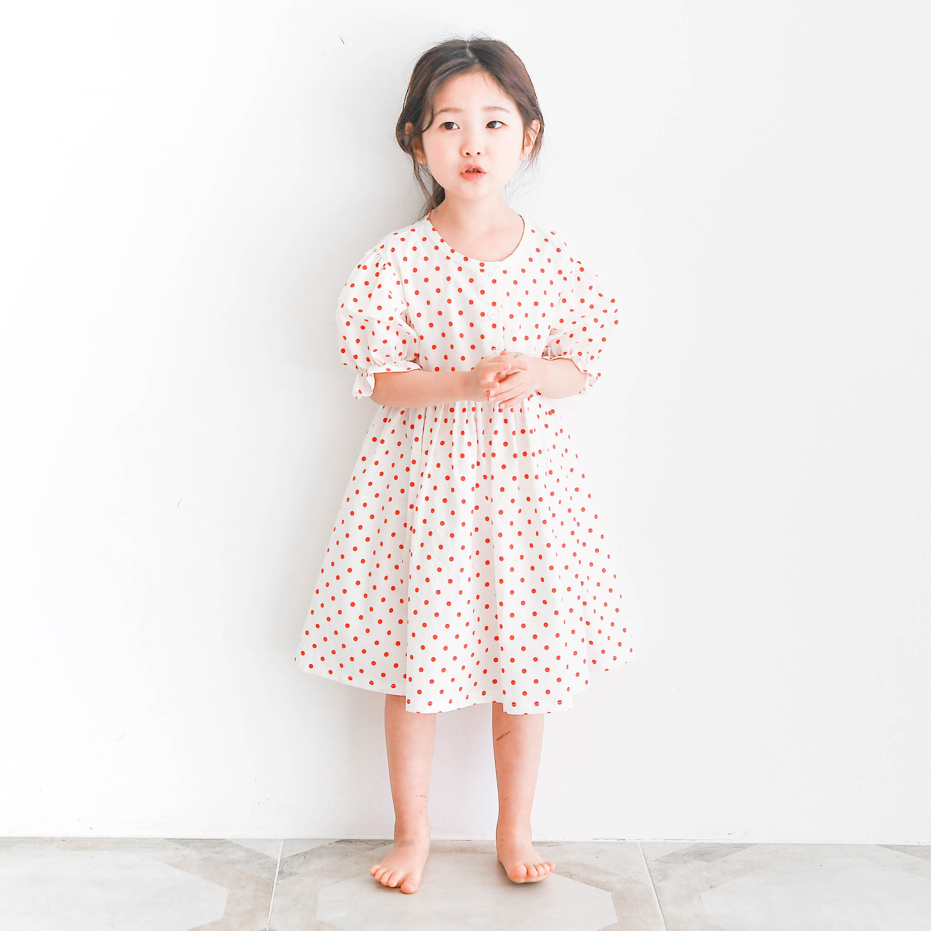 제이미 도트 오가닉 원피스 반팔 여아 아동 아이보리 레드 기본 보통핏 면 린넨