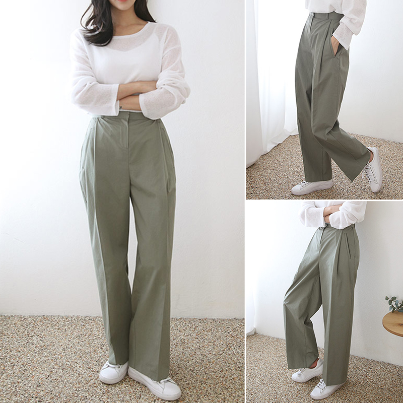 하이웨스트 여성 코튼 배기팬츠 세미 핀턱 와이드팬츠 여자 슬랙스 가을 통바지 카키 핑크바지 - 상품 이미지