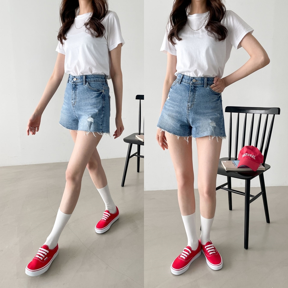 히든밴딩 데미지 3부 쇼츠 데님 청반바지 - 상품 이미지