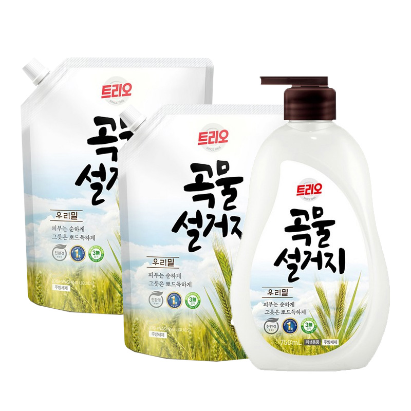 애경 트리오 곡물 설거지 우리밀 1종 주방세제 750ml 용기+1.2L 리필 2개 - 상품 이미지