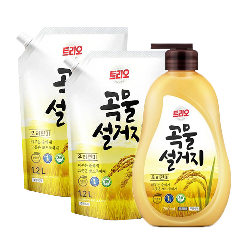 애경 트리오 곡물 설거지 우리현미 1종 주방세제 750ml 용기+1.2L 리필 2개 - 메인 이미지