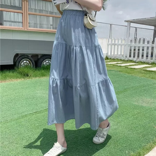 [여자여자몰]보들 후들 가벼움 촉감 좋은 샬랄라 캉캉 여름 청 데님 롱 a라인 스커트 - 상세 이미지 3