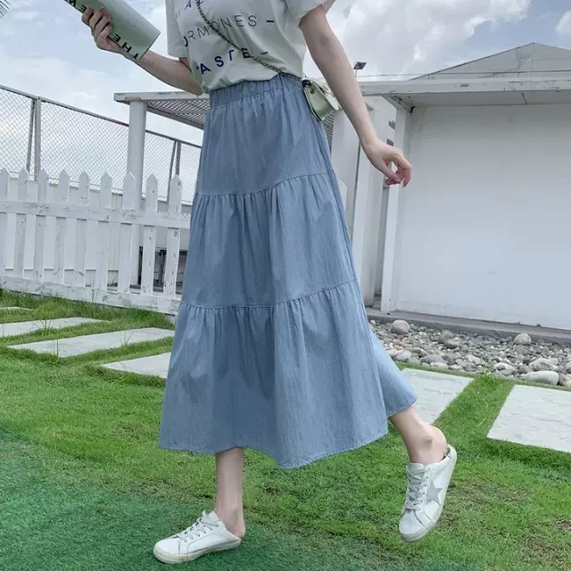 [여자여자몰]보들 후들 가벼움 촉감 좋은 샬랄라 캉캉 여름 청 데님 롱 a라인 스커트 - 상세 이미지 2