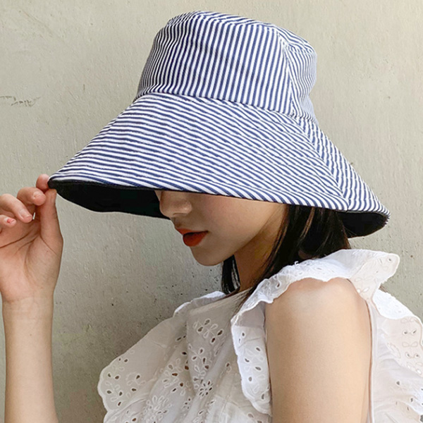 양면컬러 여성벙거지모자 여름 햇빛차단 여자버킷햇 블랙 네이비 스트라이프 - 상세 이미지 3