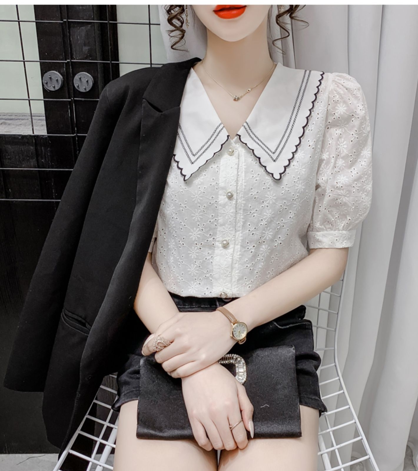 물결 배색 라인 빅카라 삥줄 레이스 퍼프소매 플라워 펀칭 코튼 면 화이트 여름 블라우스 이미지 8