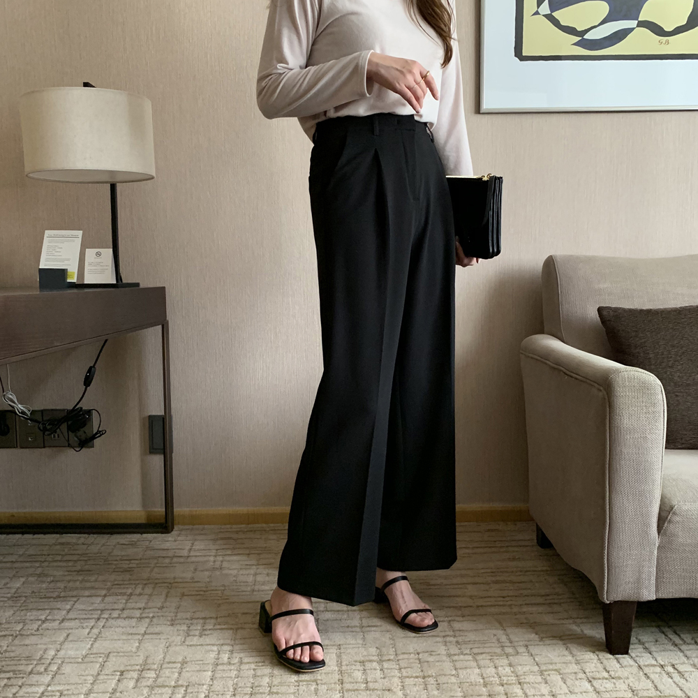 하이웨스트 세미 와이드팬츠 여성 슬랙스 편한 통바지 우먼 핀턱바지 와이드 슬랙스 키큰여자 - 상세 이미지 3