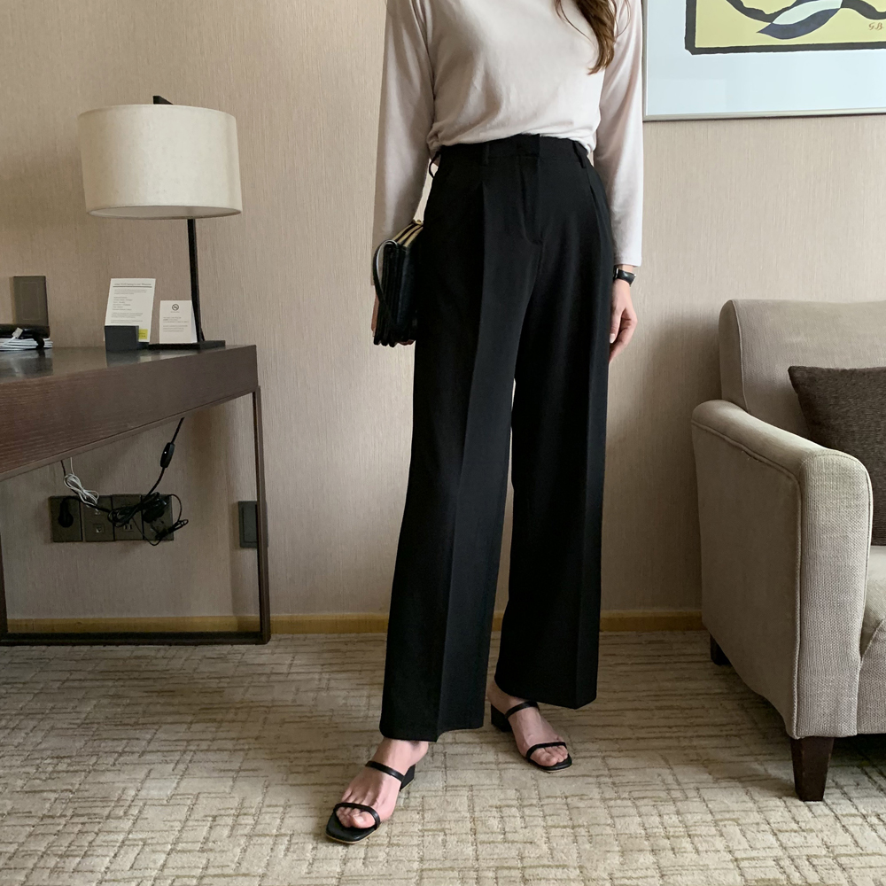 하이웨스트 세미 와이드팬츠 여성 슬랙스 편한 통바지 우먼 핀턱바지 와이드 슬랙스 키큰여자 - 상품 이미지