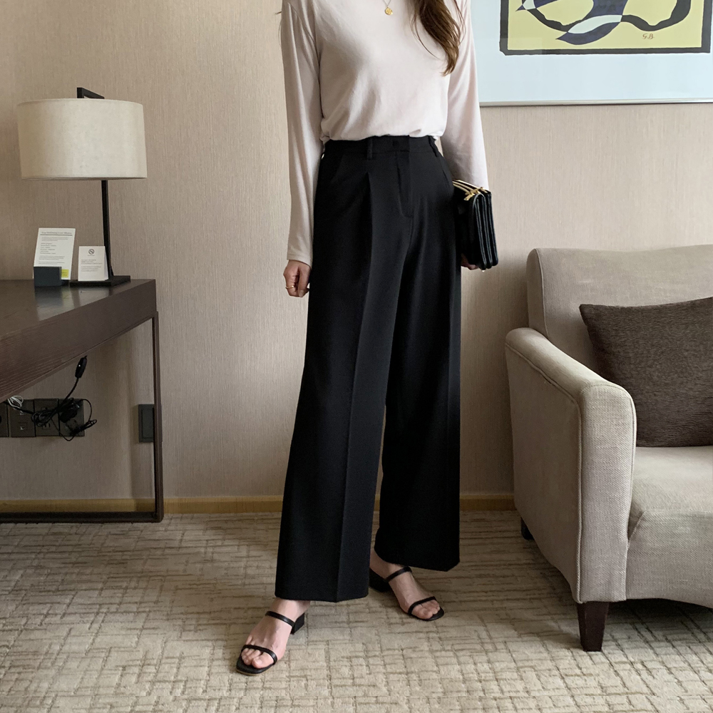 하이웨스트 세미 와이드팬츠 여성 슬랙스 편한 통바지 우먼 핀턱바지 와이드 슬랙스 키큰여자 - 상세 이미지 4