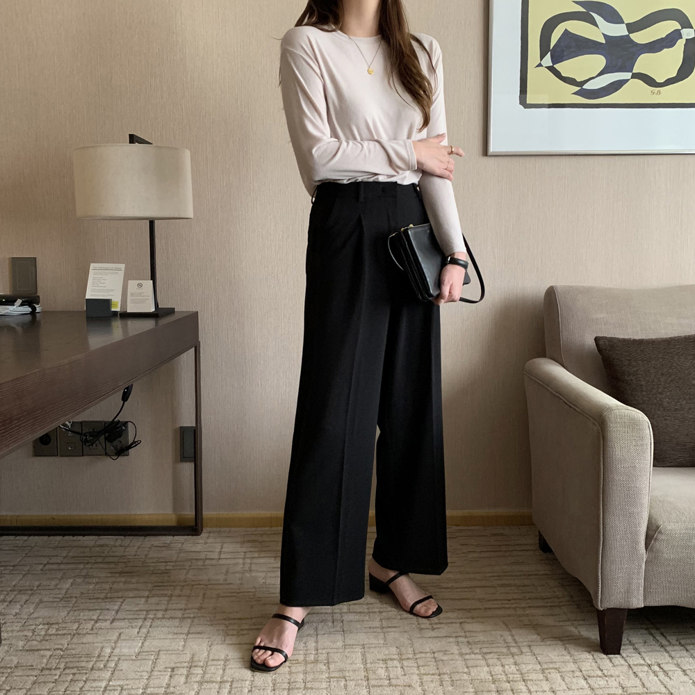 하이웨스트 세미 와이드팬츠 여성 슬랙스 편한 통바지 우먼 핀턱바지 와이드 슬랙스 키큰여자 - 상세 이미지 5