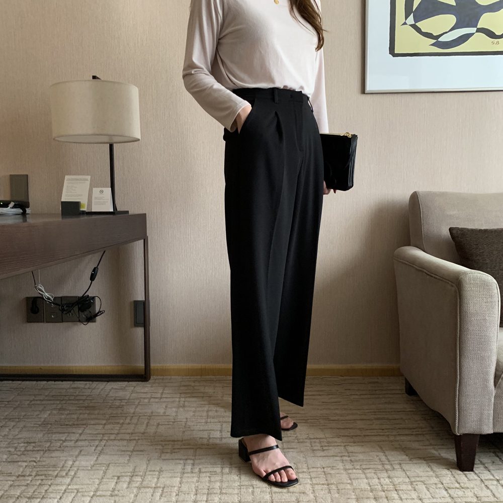 하이웨스트 세미 와이드팬츠 여성 슬랙스 편한 통바지 우먼 핀턱바지 와이드 슬랙스 키큰여자 - 상세 이미지 2