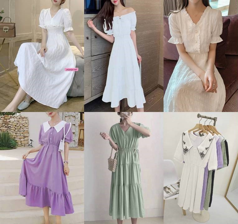 여신 배색 자수카라 프릴 셔링 옆리본 스모크 오프숄더 캉캉 브이넥 여름 롱원피스 시리즈 - 상품 이미지
