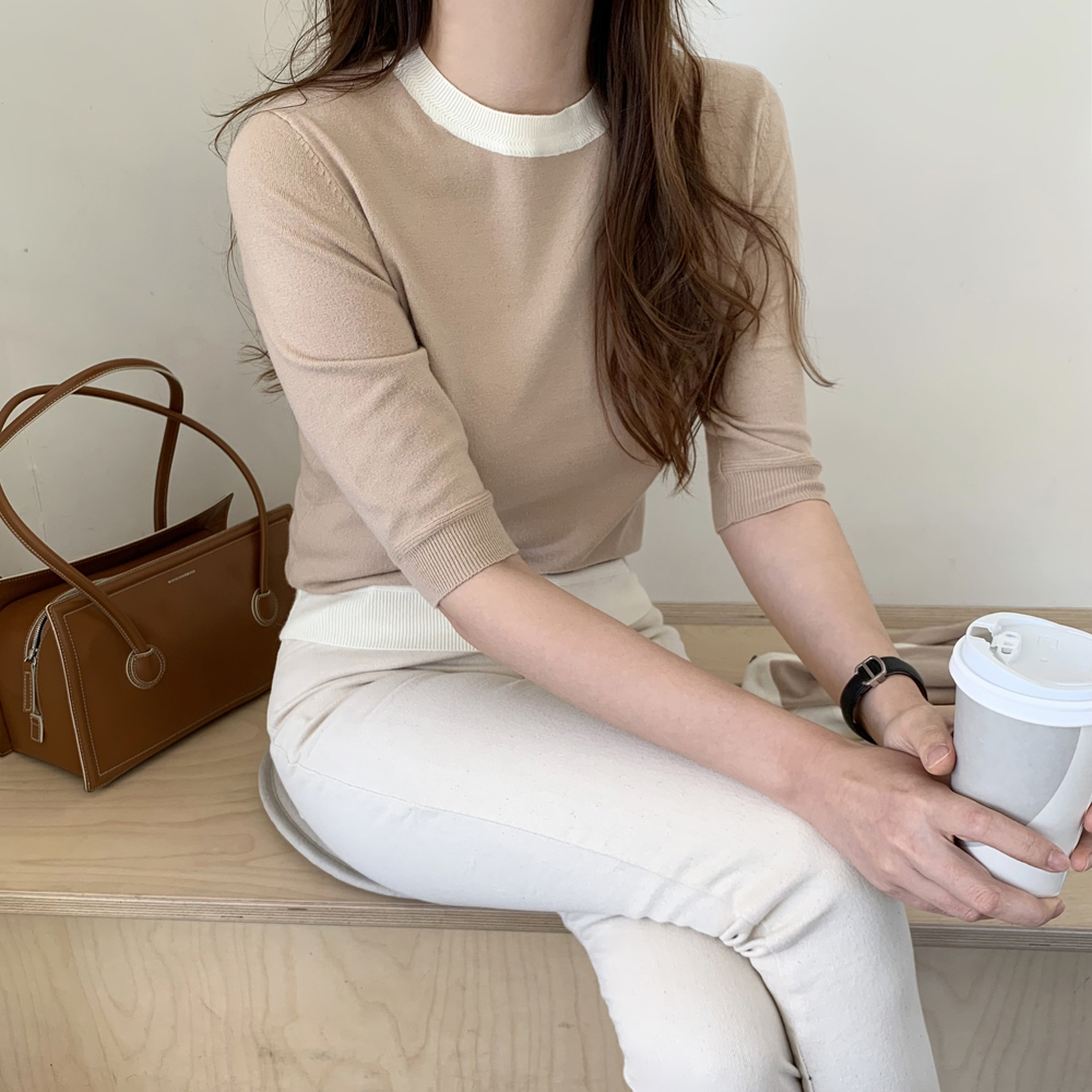 부드러운 비스코스 루즈핏 배색 니트 라운드 여자 여름 니트 가을 여성 반팔 니트 티 베이지