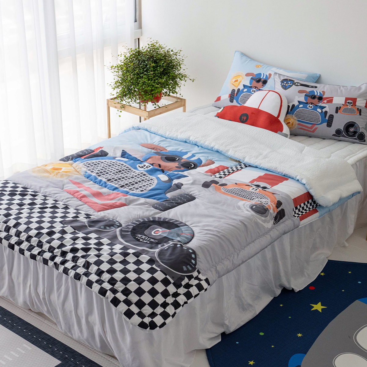 키즈 시어서커 쿨 냉감 에어컨 손자수 차렵 여름이불 베개세트 레이싱 (자동차), S.SS(싱글.슈퍼싱글겸용)