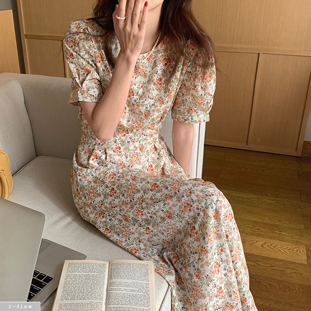 로즈메리 플라워 쉬폰 롱원피스 2color 제이플로우 여름 퍼프 허리끈 벨트 라운드 주름