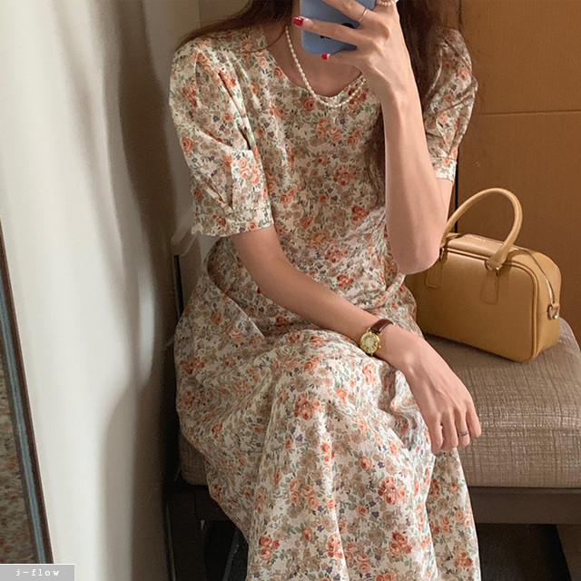 로즈메리 플라워 쉬폰 롱원피스 2color 제이플로우 여름 퍼프 허리끈 벨트 라운드 주름