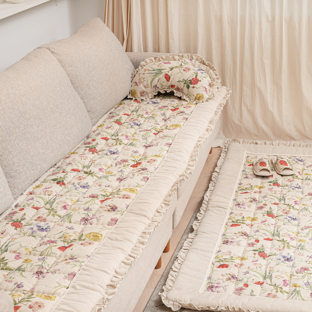 마벨로제 플라워 린넨 사계절 3인 쇼파패드 미끄럼방지 소파매트 깔개