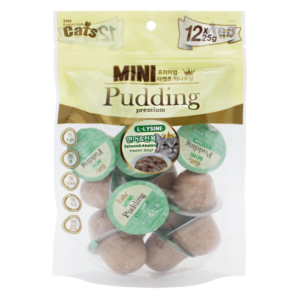 더캣츠 미니푸딩 고양이캔 고양이통조림 파우치 간식 연어+전복, 300g, 1개