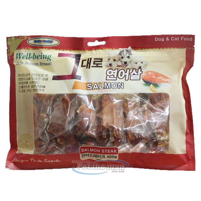 헬로도기 그대로연어살 강아지대용량간식 건조 사사미 연어스테이크, 400g, 1개 - 메인 이미지