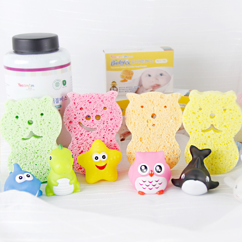 예꼬맘 아기 목욕 스펀지 4개입 신생아 유아 순식물성 샤워 클렌징 출산 용품