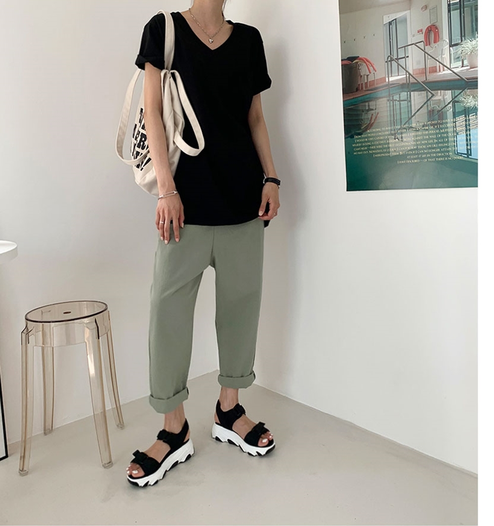 여름 여성 반팔티 타투 레터링 브이넥 포켓 오버핏 반팔 롱 티셔츠 - 상세 이미지 5