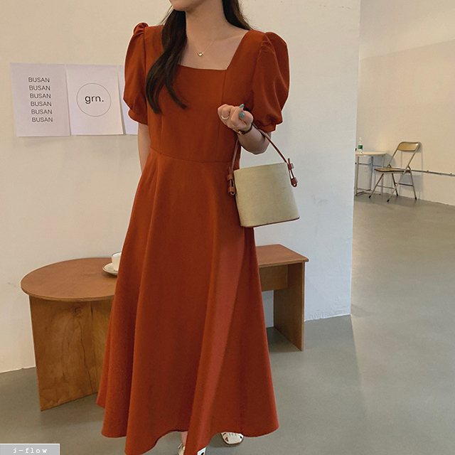 나탈리 스퀘어넥 실키 퍼프 롱원피스 4color 제이플로우 여름 봄 슬림 A라인 하객룩 - 상품 이미지