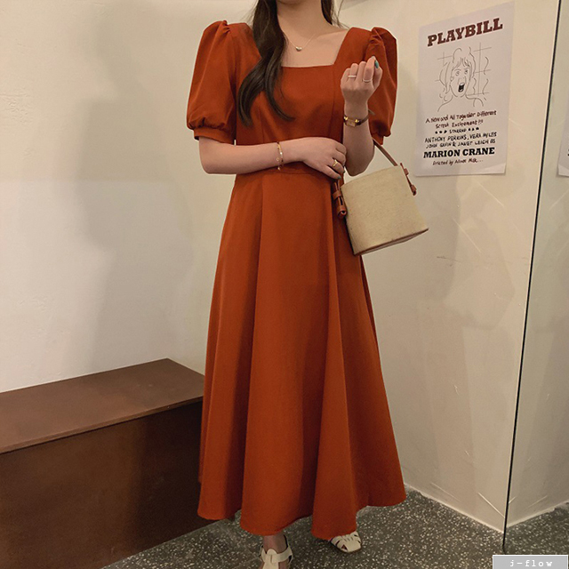 나탈리 스퀘어넥 실키 퍼프 롱원피스 4color 제이플로우 여름 봄 슬림 A라인 하객룩 이미지 6
