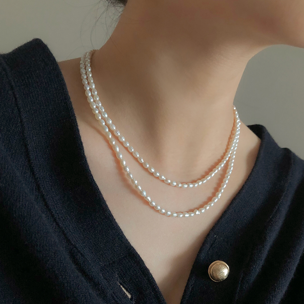 14K 18K 블로랑 천연 담수진주 3mm 4mm 밥풀 쌀알 여름 코디 웨딩 결혼식 목걸이 이미지 3
