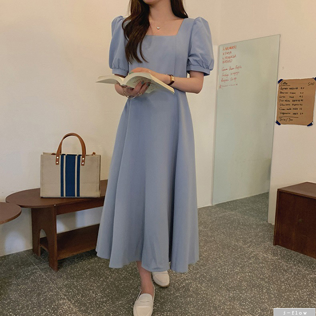나탈리 스퀘어넥 실키 퍼프 롱원피스 4color 제이플로우 여름 봄 슬림 A라인 하객룩 이미지 7